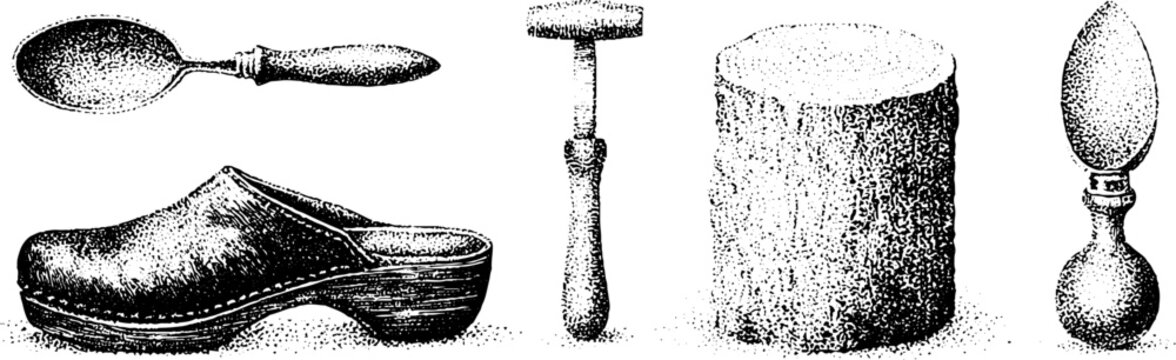 Black and white stippling illustration of clog maker tools including spoon hammer block last and awl for craft background poster and design
