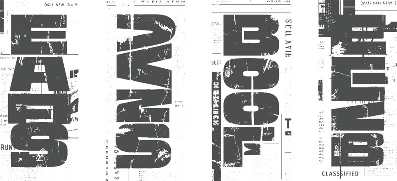 Four vertical dark gray distressed block letters spelling e a r s n e w s b o f and e m b over textured newspaper print