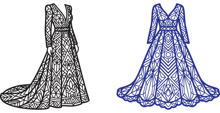 Intricate geometric wedding dress vector templates with mandala lace patterns for laser cutting and stencil design