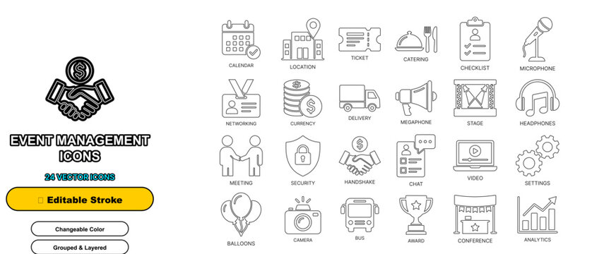 event management line icon set vector outline planning party editable stroke isolated calendar schedule web ui element