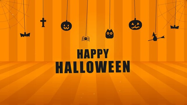 Happy Halloween festive background with hanging spooky decorations and orange striped wall.