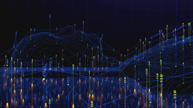 Futuristic digital human silhouette integrated with complex neural network. Abstract data visualization, HUD interface infographics and telemetry metrics analyzing human mind and artificial intelligen