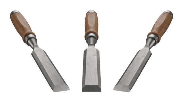 Three identical architectural stone chisels wood handle arranged side by side, construction tools