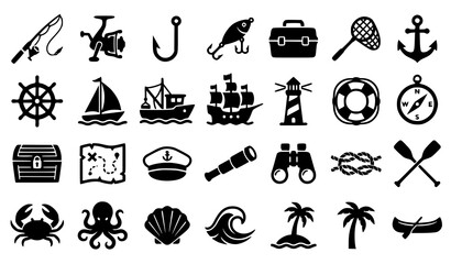 Minimal black and white nautical vector icon set featuring fishing tools ships treasure symbols and outdoor marine adventure isolated on white background © Jahangir