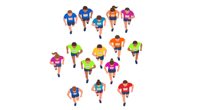Top View Running Race Marathon People Flat Vector Overhead Bird Eye View Athlete Sport Road Illustration EPS SVG Isolated White Background