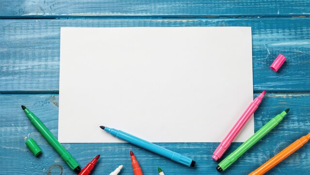 Blank white rectangular paper surrounded by colorful felt tip pens on blue wood
