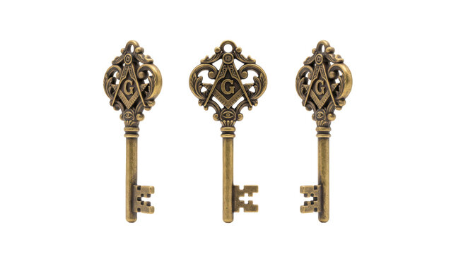 Three identical masonic key emblems golden arranged side by side, masonic symbols