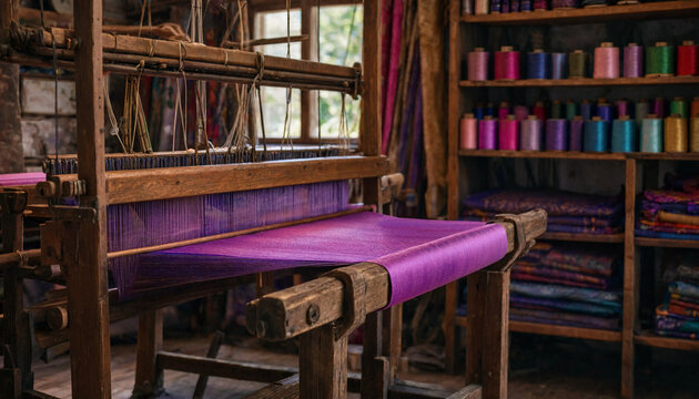 A wooden hand loom with vibrant purple fabric being woven in a textile workshop with shelves of colorful thread spools in the background area