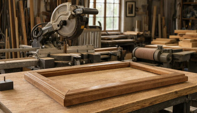 A wooden frame resting on a workbench in a carpentry workshop with a miter saw and woodworking tools in the background setting