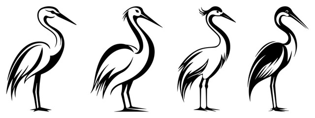 Fototapeta premium Crane birds standing in elegant black line art style