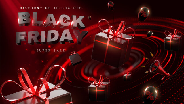 Red Neon Wave Background Brings Super Black Friday Shopping Event Showing 3d Black Gift Box Floating Particle.