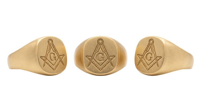 Three identical gold masonic signet rings jewelry arranged side by side, masonic symbols