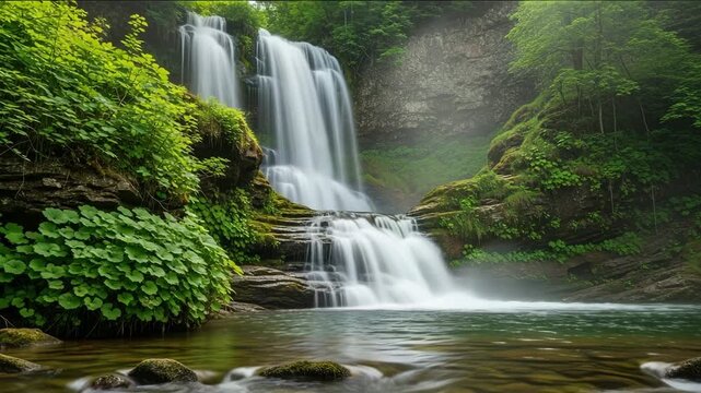 Majestic waterfall cascading down a lush, mosscovered rocky cliff in a serene forest setting, creating a tranquil and picturesque natural landscape