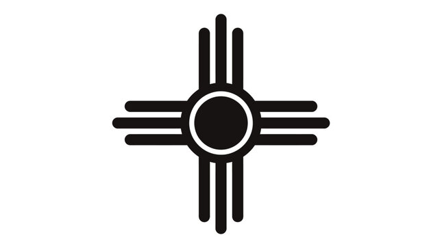 A minimalist black Zia sun symbol icon featuring four directional rays on a plain white background