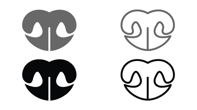 Four minimalist dog nose icons displayed in black and gray solid and outline vector styles