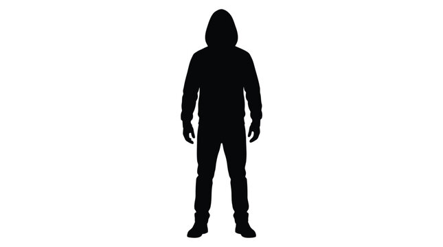A solid black silhouette of a mysterious person wearing a hooded sweatshirt standing very still
