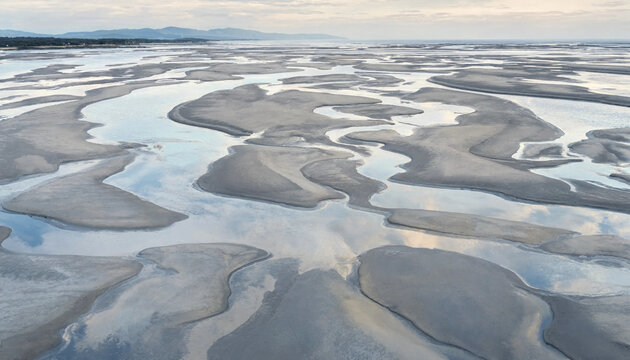 Aerial view of tidal flats with intricate patterns of water channels and sandbars reflecting the soft light of a cloudy sky at low tide