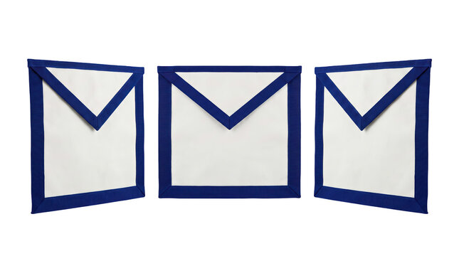 Three identical masonic white aprons templates arranged side by side, masonic symbols