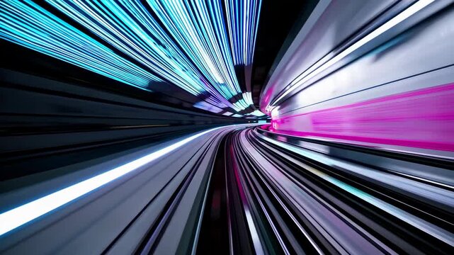 Futuristic high speed train tunnel with neon light motion blur, fast hyperlapse journey through modern subway or hyperloop transportation system
