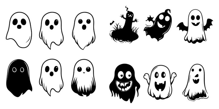 Halloween ghosts collection featuring various cute and spooky spirits in cartoon style