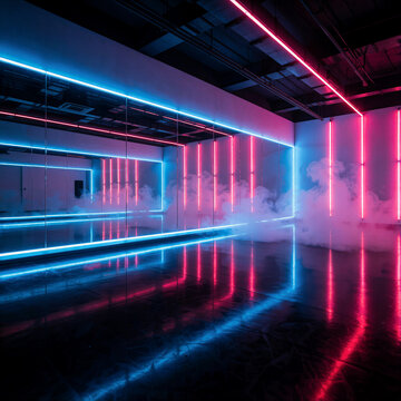 karate lively dojo interior with neon lights and fog effects