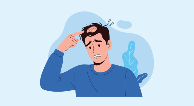 Sad young man pointing finger to bald spot on his head expressing hair loss concern, hair care concept vector.