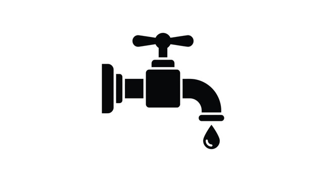 A bold black silhouette icon of a water faucet with a single dripping liquid drop