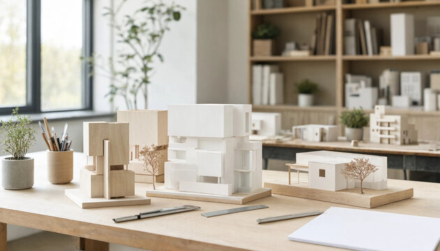 Architectural studio table with white foam board building models, drafting tools, and potted plants in a bright office workspace setting