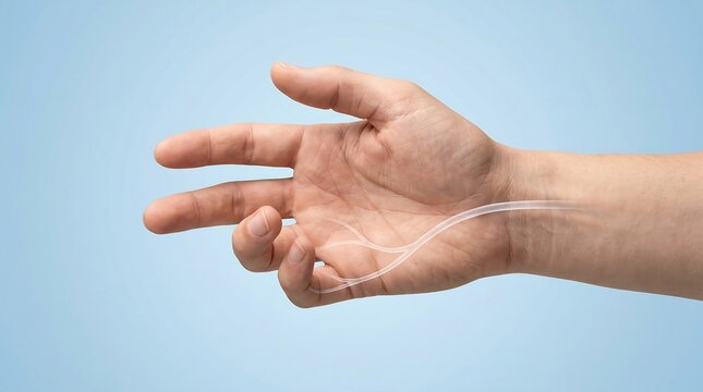 Anatomical visualization of the ulnar nerve in a human hand and wrist on a light blue background