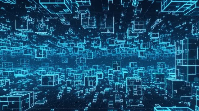 Abstract digital cyberspace with glowing blue 3d data cubes