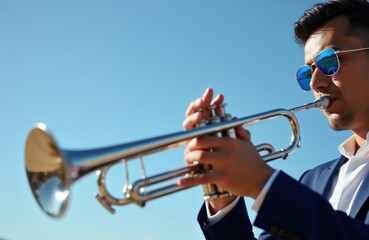 Fototapeta premium Young Hispanic man in blue blazer, sunglasses plays silver trumpet outside under clear sunny sky. Skilled musician holds brass instrument in hands blowing melody. Pro artist performs jazz music