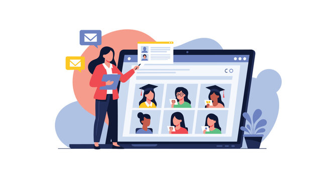 Businesswoman or teacher presenting a list of student profile photos on a large laptop screen.