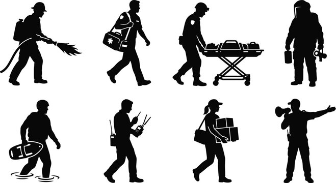 Emergency responders and disaster relief workers black silhouette vector set with firefighter, paramedics, and rescue personnel