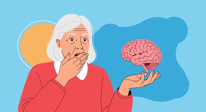 Shocked elderly woman looking at a human brain in her hand, symbolizing dementia, memory loss, or aging.