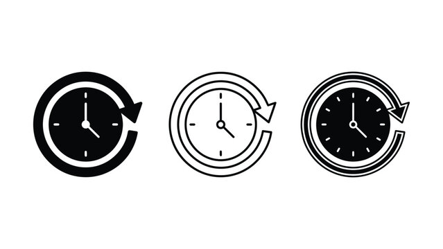 Three black and white clock icons with circular arrows on white background