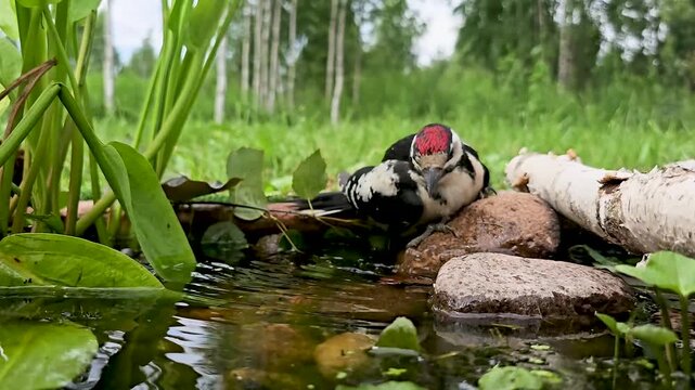 A woodpecker at a watering hole in the wild, very close-up.