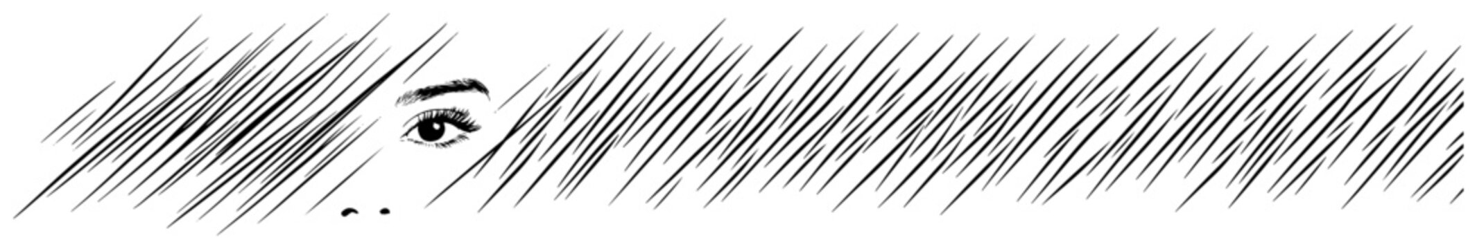 Female eye hidden behind diagonal lines in minimalist sketch style