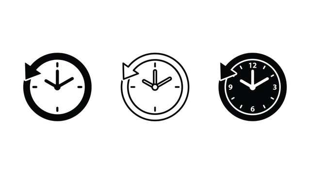Three black and white clock icons with circular arrows on white background