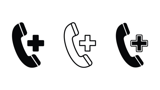 Three black and white phone icons with plus signs beside them for medical support or help hotline services