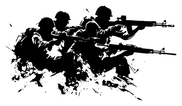 Soldiers in combat gear holding rifles with grunge ink splatter in silhouette style
