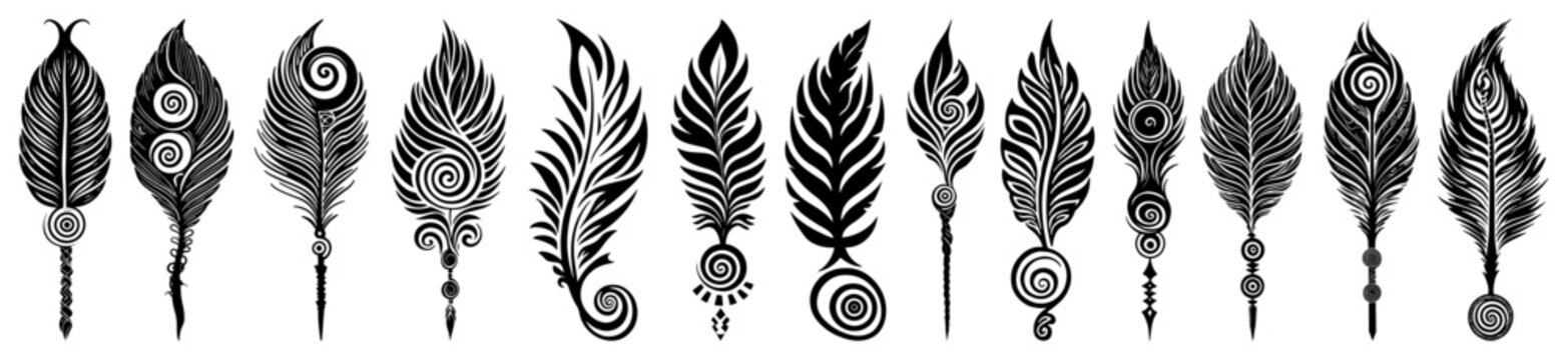 Feather collection with ethnic tribal patterns and boho ornaments in silhouette style