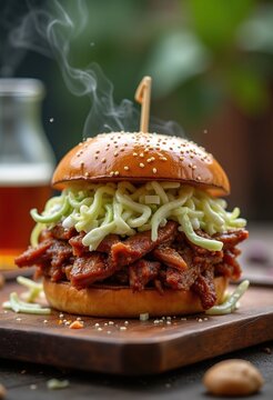 Delectable Pulled Pork Sandwich Coleslaw Rustic Wooden Serving Tray Artistry