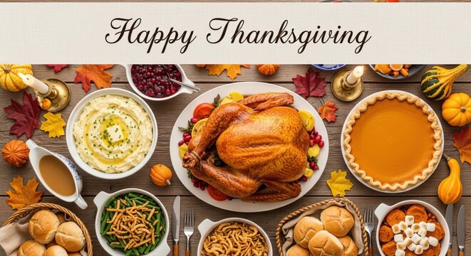Thanksgiving dinner table, festive holiday meal, roasted turkey, fall food
