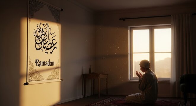 Ramadan, Muslim prayer, interior scene, serene atmosphere, Islamic calligraphy