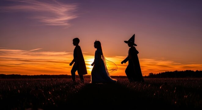 Silhouette of three people, Halloween costumes, sunset background, orange sky