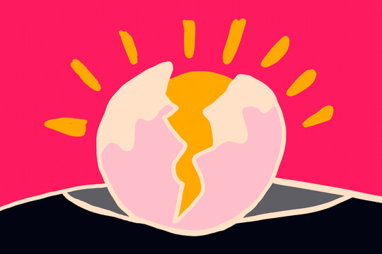 Abstract geometric sunrise with cracked circle