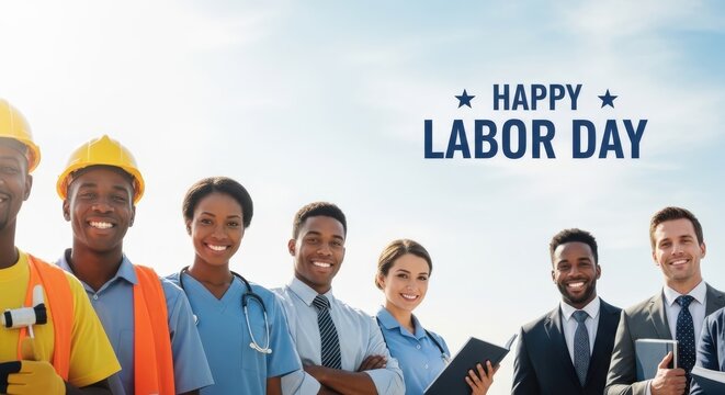 Happy Labor Day, diverse professionals, workers, people at work, celebration