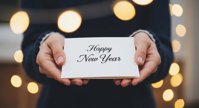 Happy New Year card, greeting card, festive holiday, celebration, white card with black text