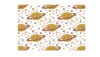 Cute cartoon saturn planet seamless pattern vector background with happy smiling space characters and tiny colorful stars © Siraj