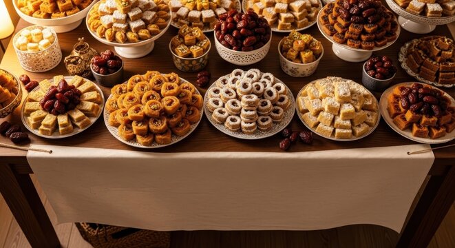 Assorted sweet pastries, desserts, and cakes on table, bakery display, variety of treats